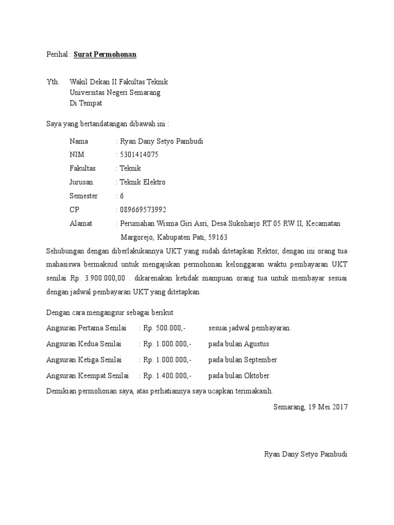 Contoh Surat Permohonan Cicilan UKT PDF