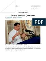 Duterte Abolishes Quedancor: News Article
