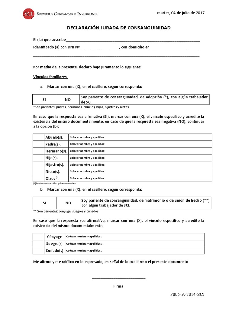 Declaración Jurada de Consanguinidad | PDF | Parentesco y descenso ...