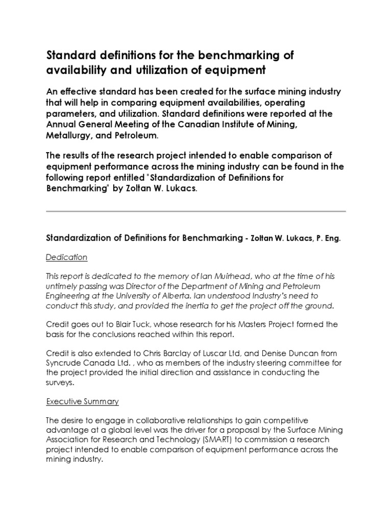Benchmarking Standards for Mining Equipment | PDF | Benchmarking ...