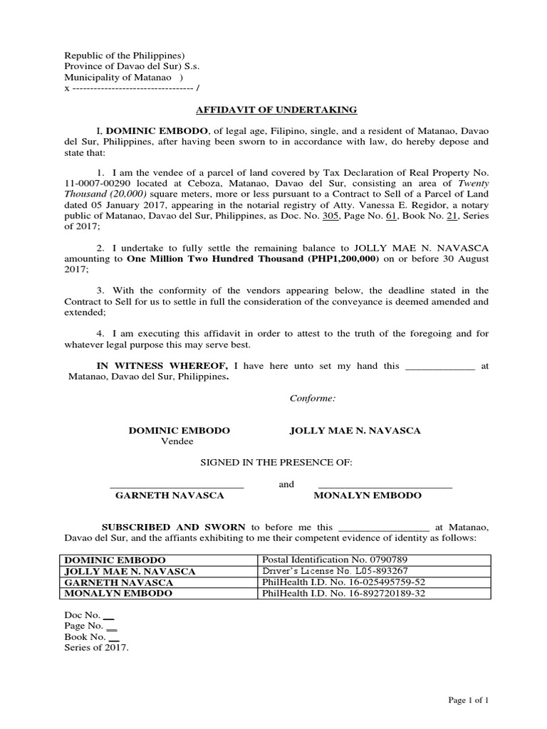 Deed Of Undertaking Philippines Images and Photos finder