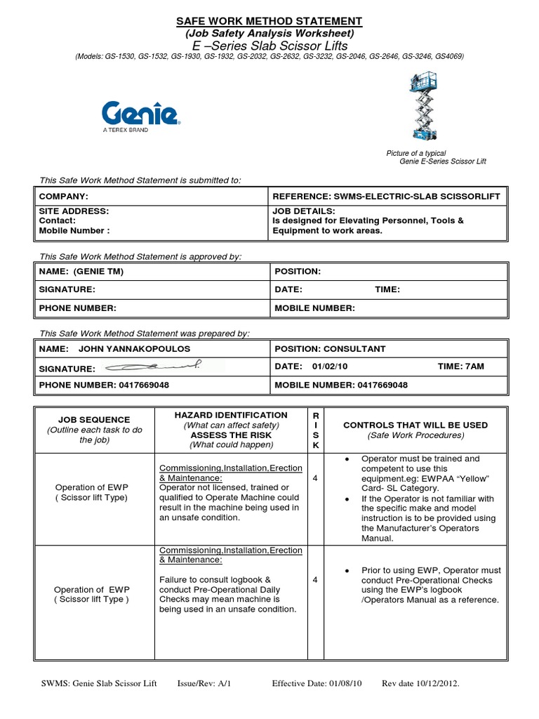 Genie Scissor Lift Safe Work Method Statement | PDF | Elevator | Transport