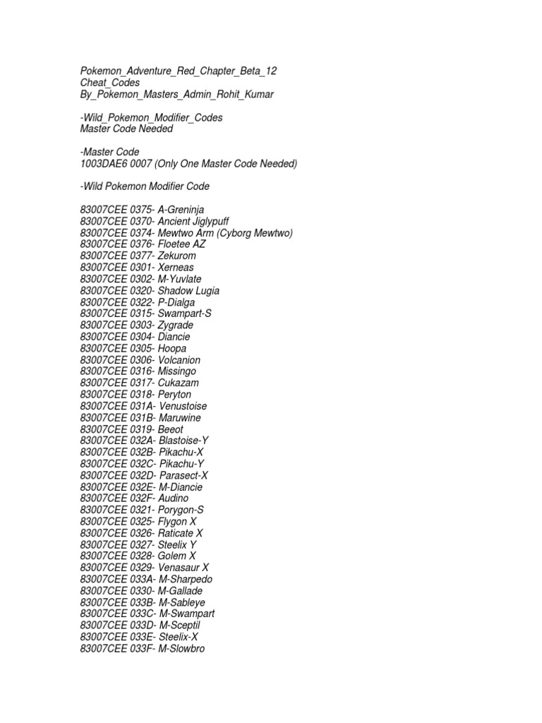 Pokemon Adventure Red Chapter Beta 12 Cheat Codes