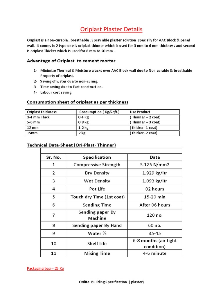 Oriplast Plaster Specifications Guide | PDF | Mortar (Masonry) | Plaster