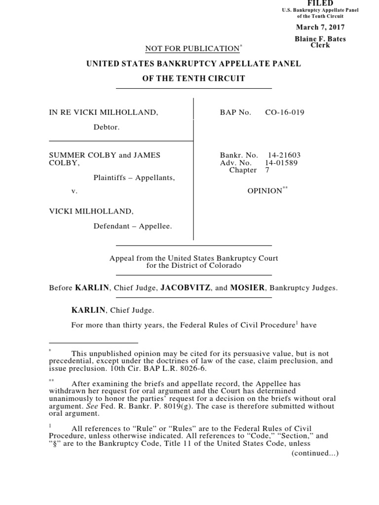 10th Circuit Rules That District Courts >> Vicki Milholland V United States Bankruptcy Court For The District 10th Circuit Rules That District Courts >> Vicki Milholland V United States Bankruptcy Court For The District