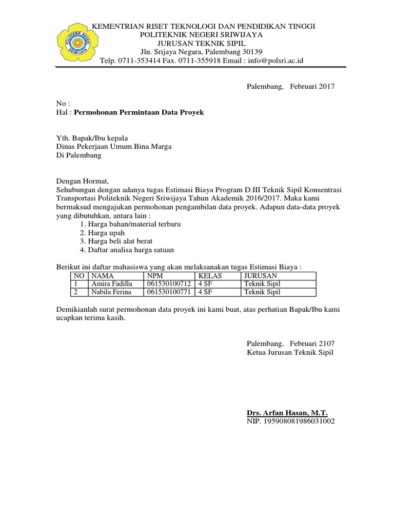 Surat Permohonan Data Proyek Ke PU BM