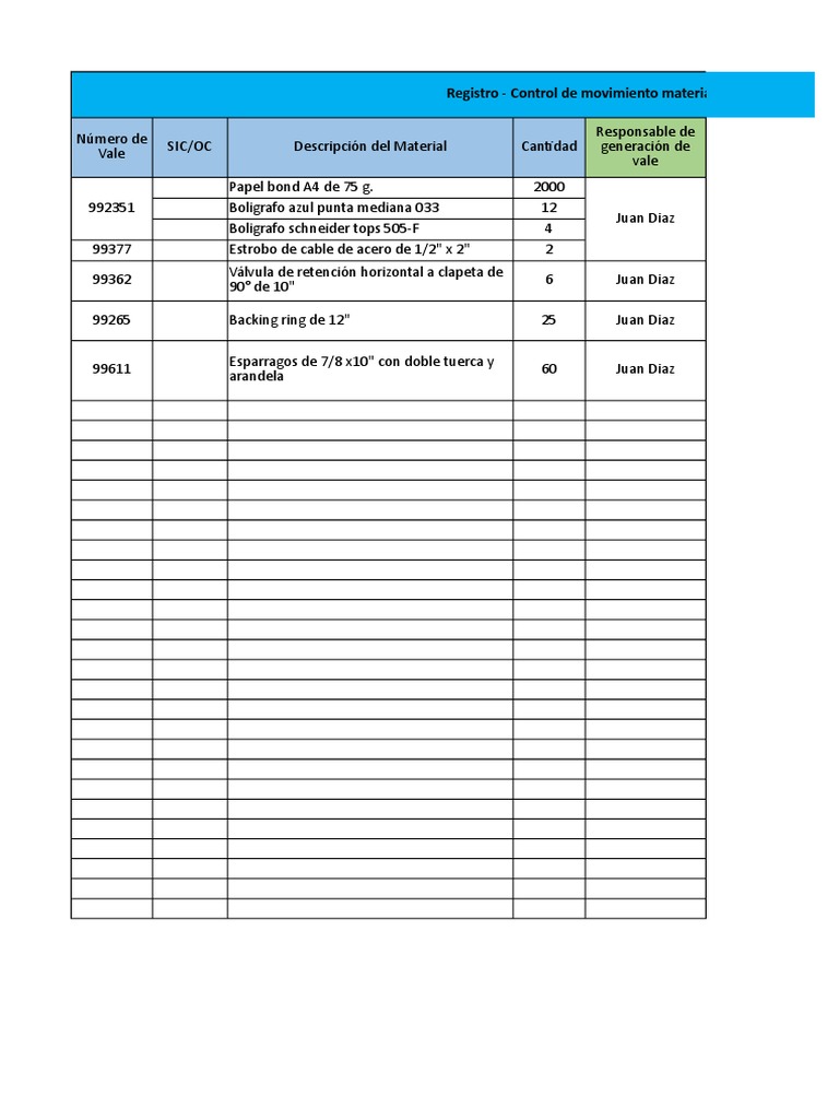 Registro Control de Materiales Almacén MIna A&R PDF