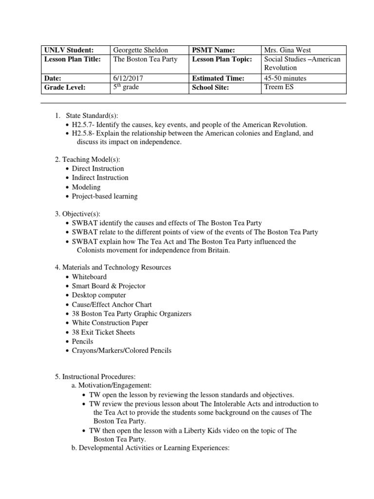 Boston Tea Party Lesson g5 | PDF | Educational Assessment | Teaching