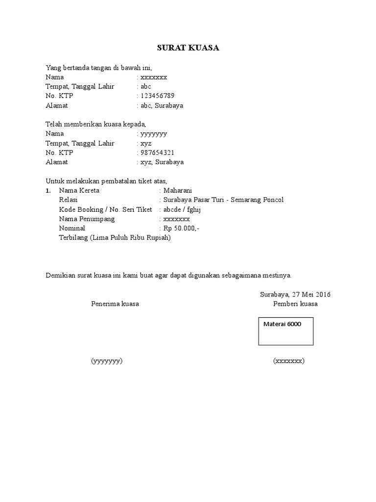 Contoh Surat Kuasa Pembatalan Tiket Ka - Berbagi Contoh Surat