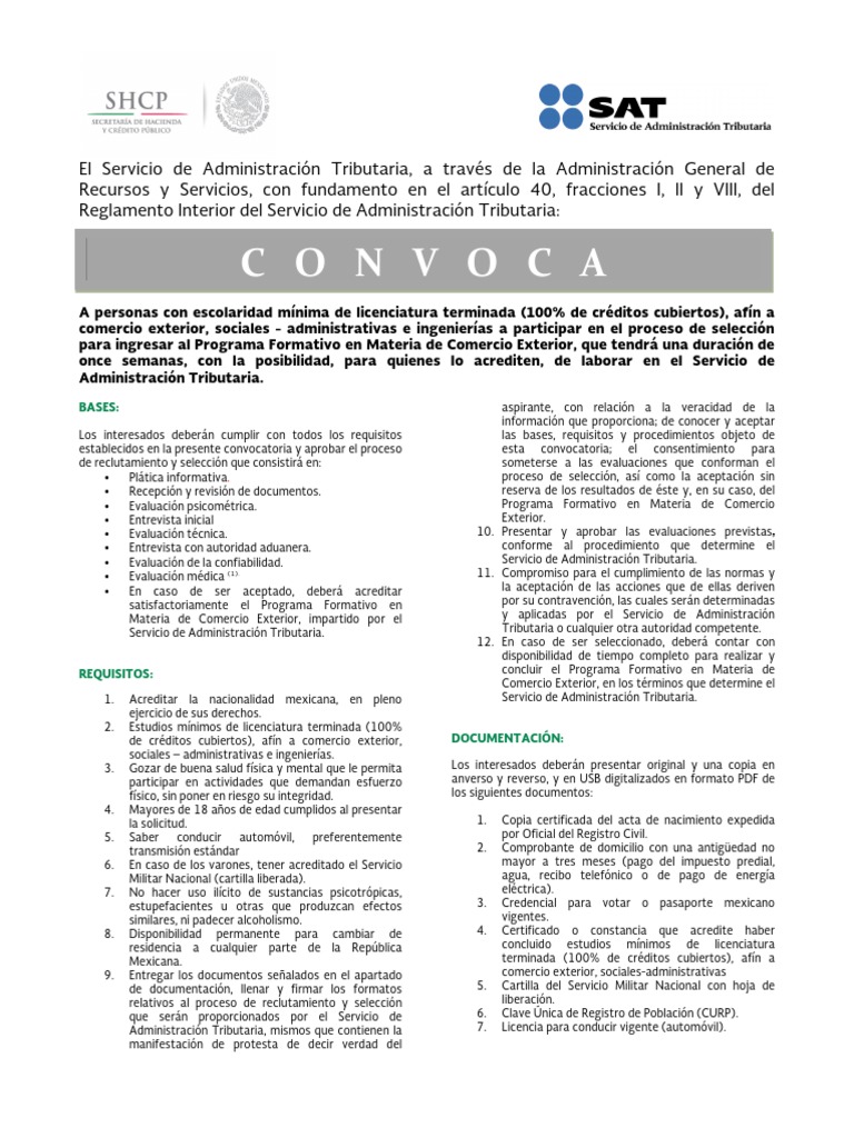CONVOCATORIA SAT AGENTE ADUANAL aduana El comercio internacional