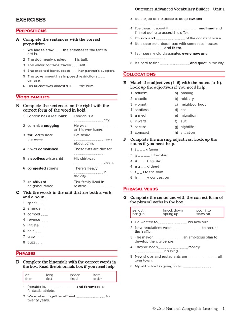 Advanced Vocabulary Builder Exercises and Answerkey | Adjective | Phrase
