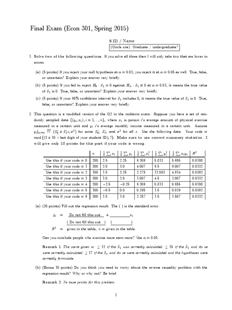 Econ 301 Final Exam Overview | PDF | Data Analysis | Statistics