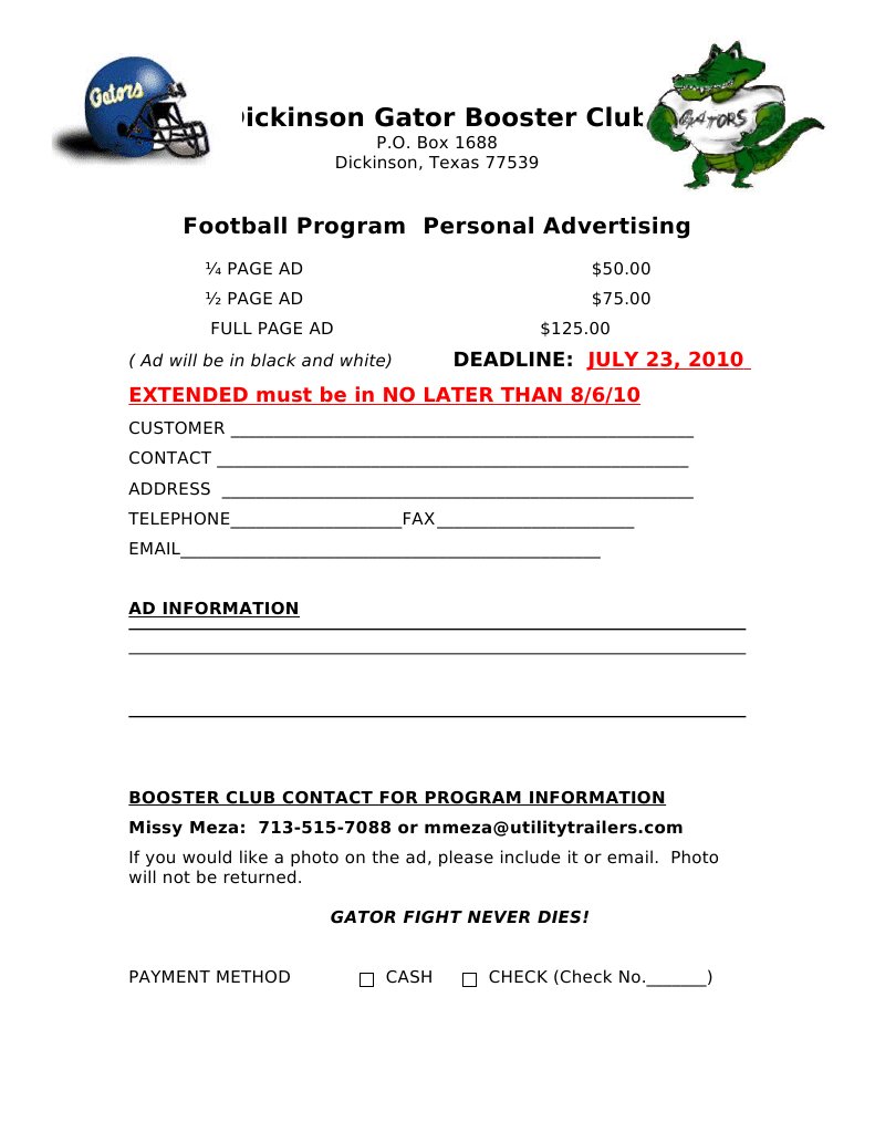 Dickinson Gator Booster Club Ad Rates | PDF