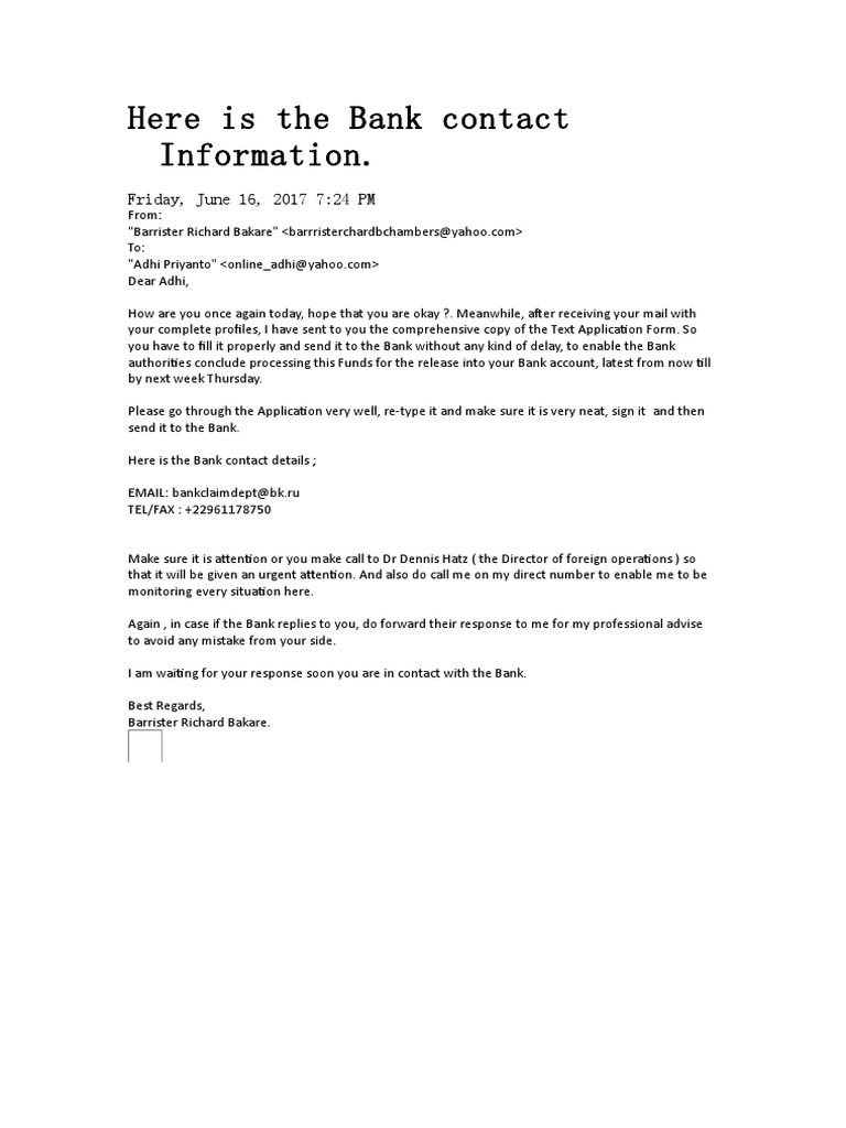 Here Is The Bank Contact Information PDF Business