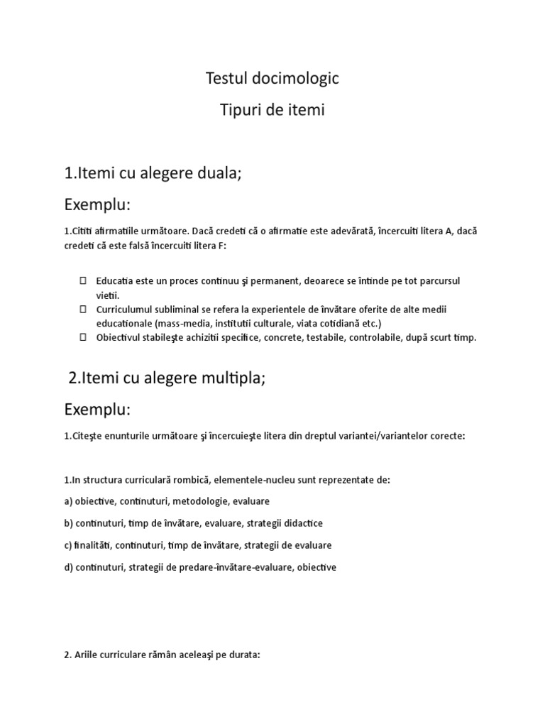 Exemple Cu Tipuri de Itemi | PDF