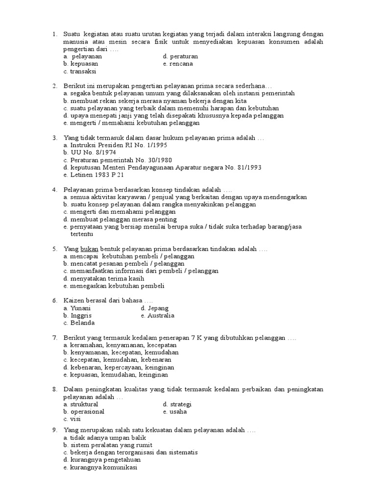 Soal Pelayanan Prima Xii