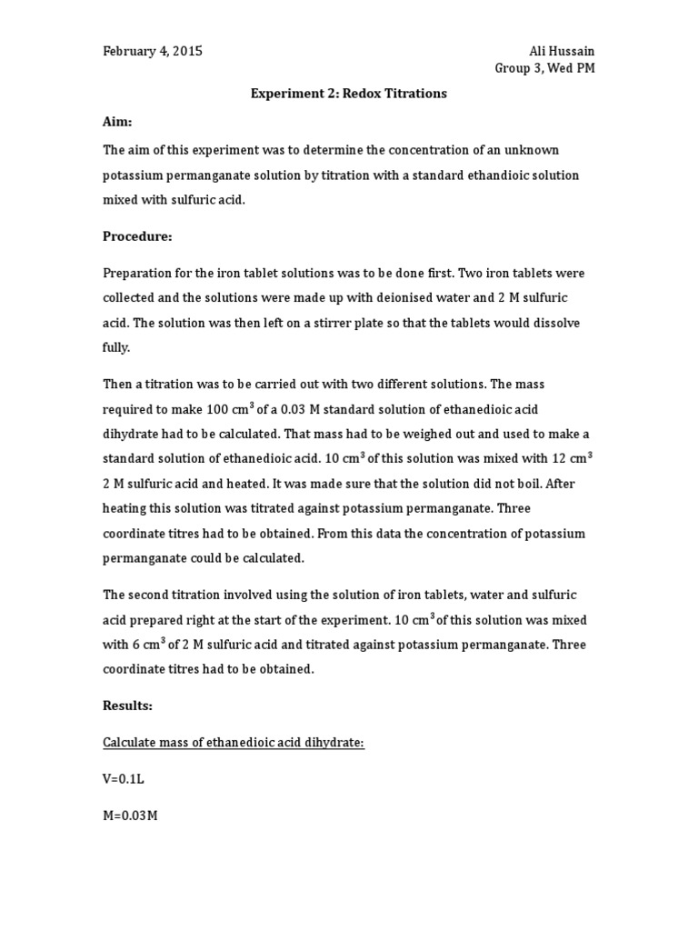 Experiment 2Redox Titrations Titration Solution