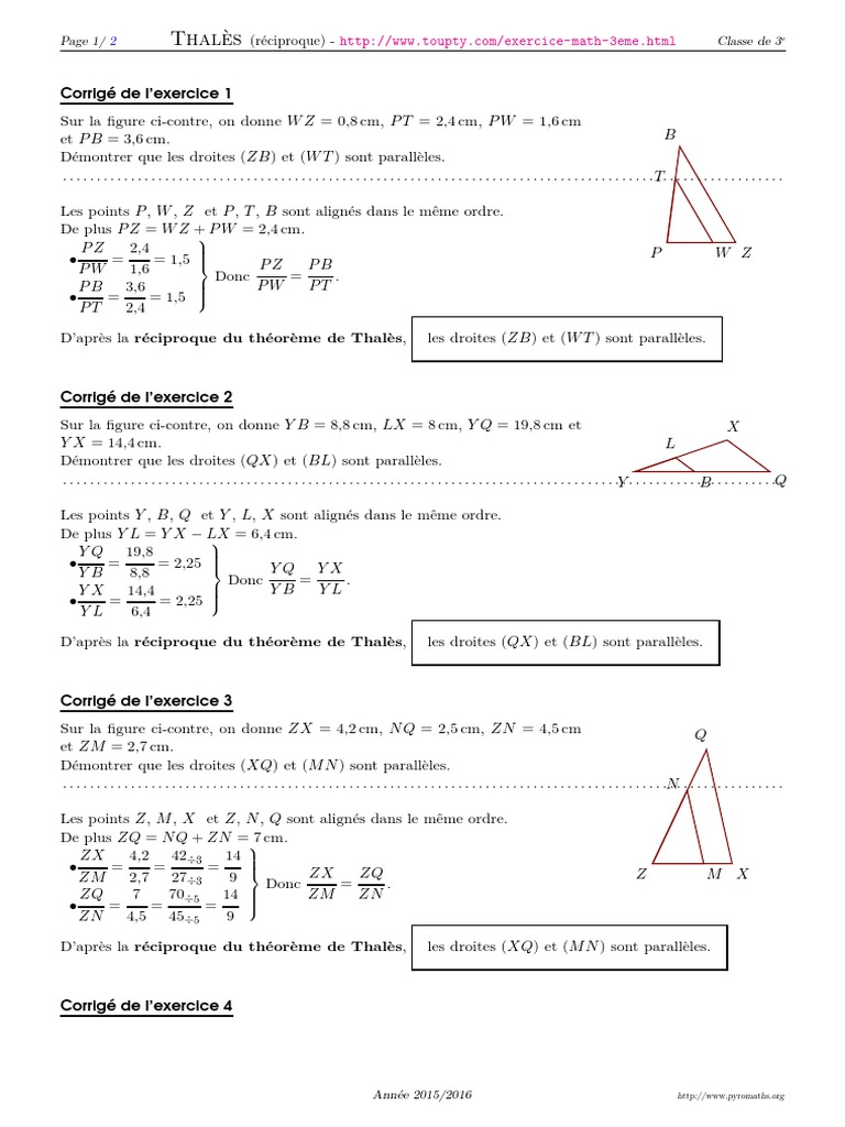 Réciproque De Pythagore Exercices Corrigés Pdf Reciproque Theoreme Thales 4 Corrige | PDF | Euclide | Géométrie euclidienne