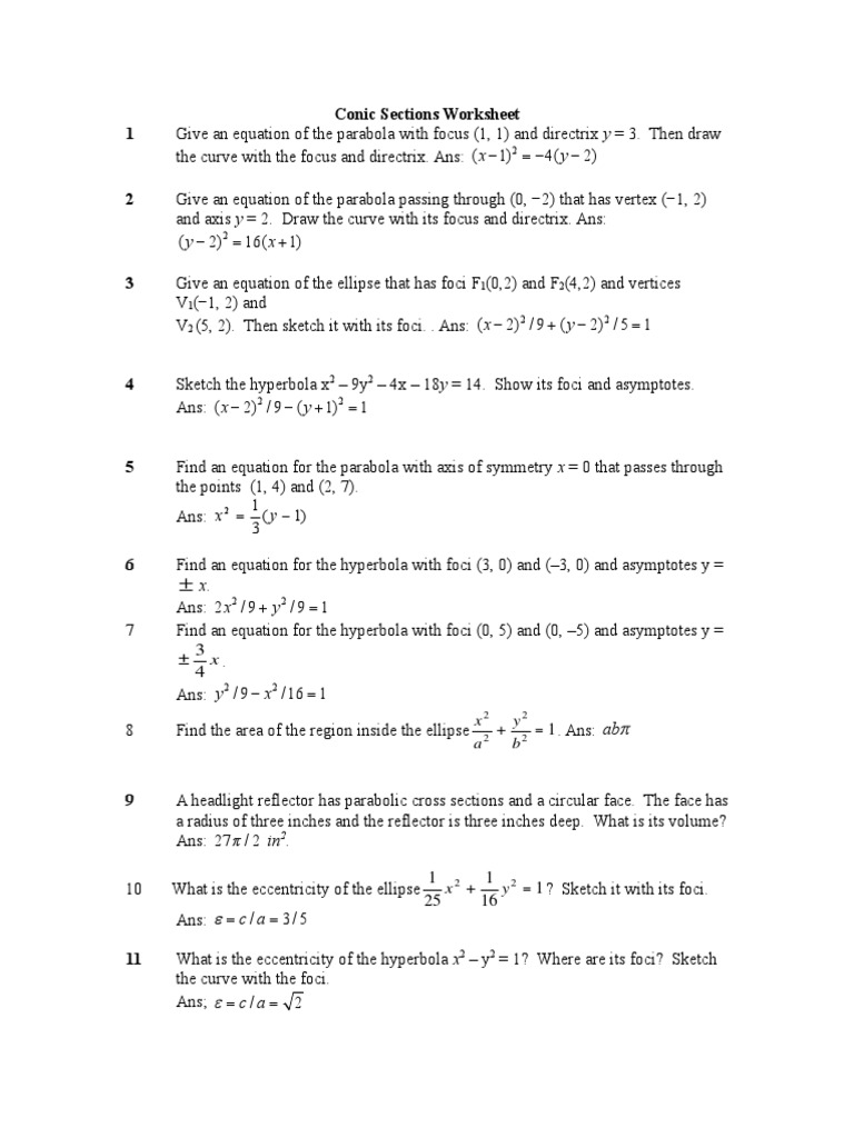 Conic Sections Worksheet | René Descartes | Euclidean Geometry