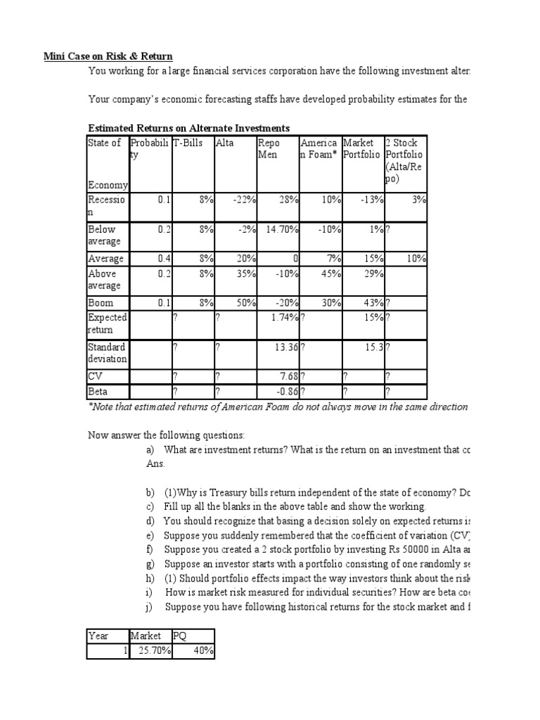 Mini Case On Risk Return 1-Solution | PDF | Market (Economics) | Beta ...