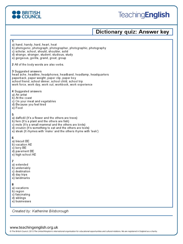 Dictionary Quiz Answer Key 0