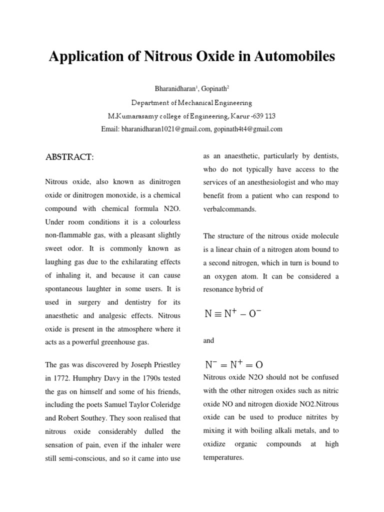 Application of Nitrous Oxide in Automobiles PDF Nitrous Oxide