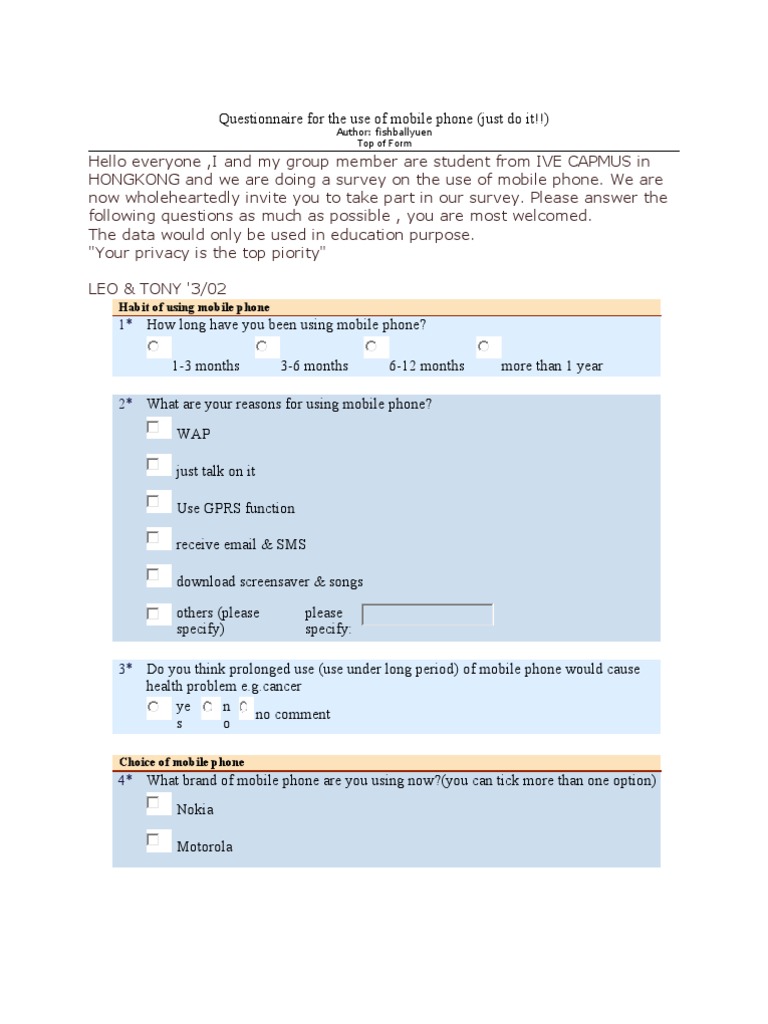 Questionnaire for the Use of Mobile Phone | Mobile Phones | Business