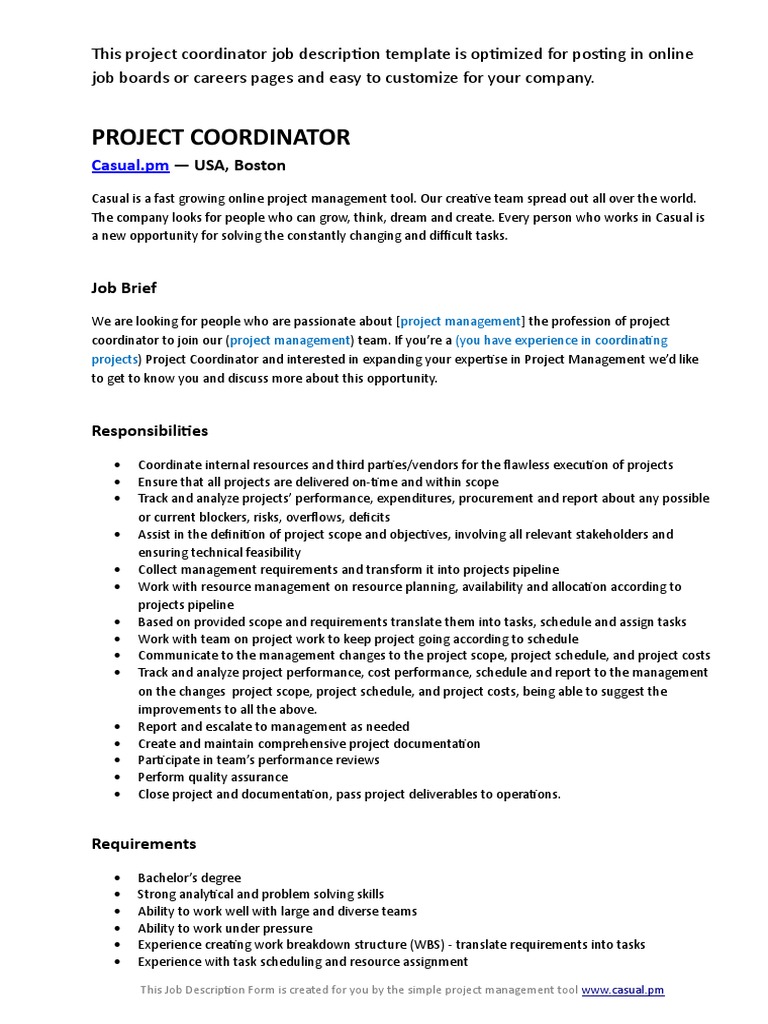 Projects coordinator job description sample