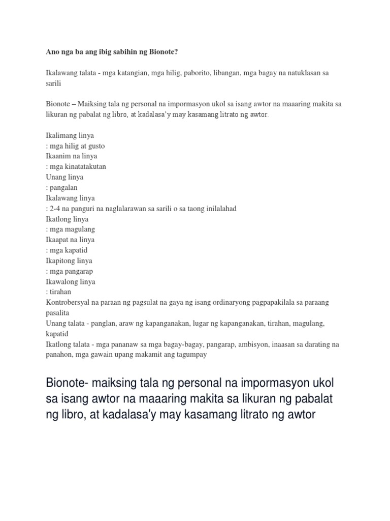 Ano Nga Ba Ang Ibig Sabihin NG Bionote  PDF