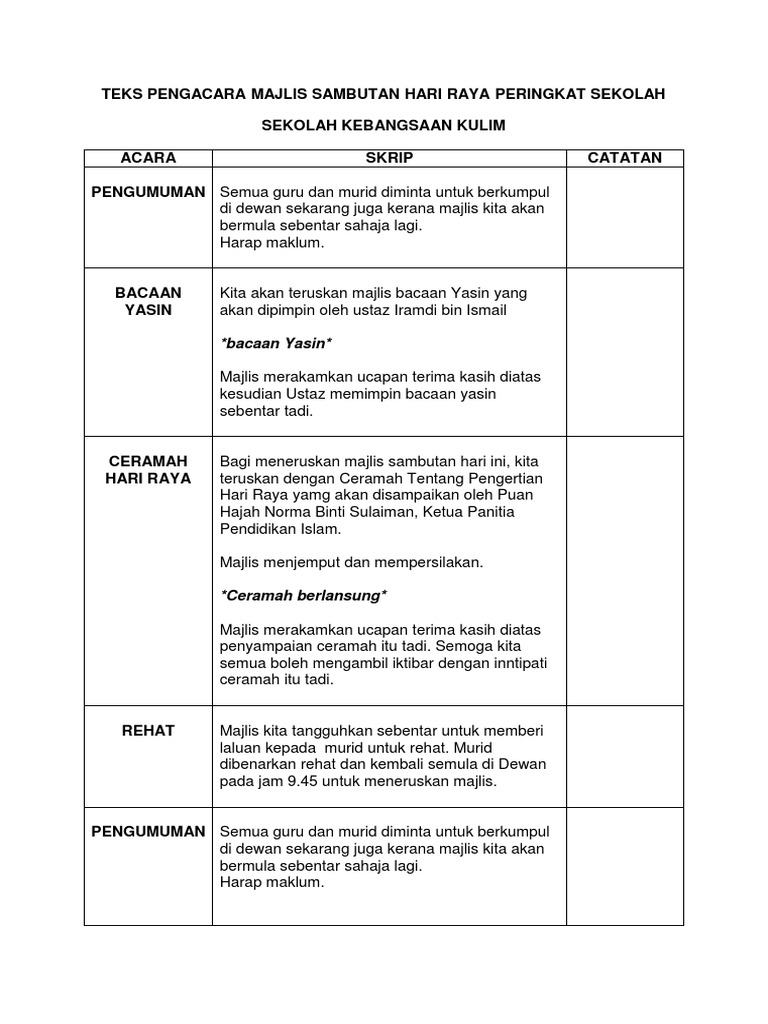 Teks Pengacara Majlis Penyerahan Bantuan Raya Murid Di Sekolah