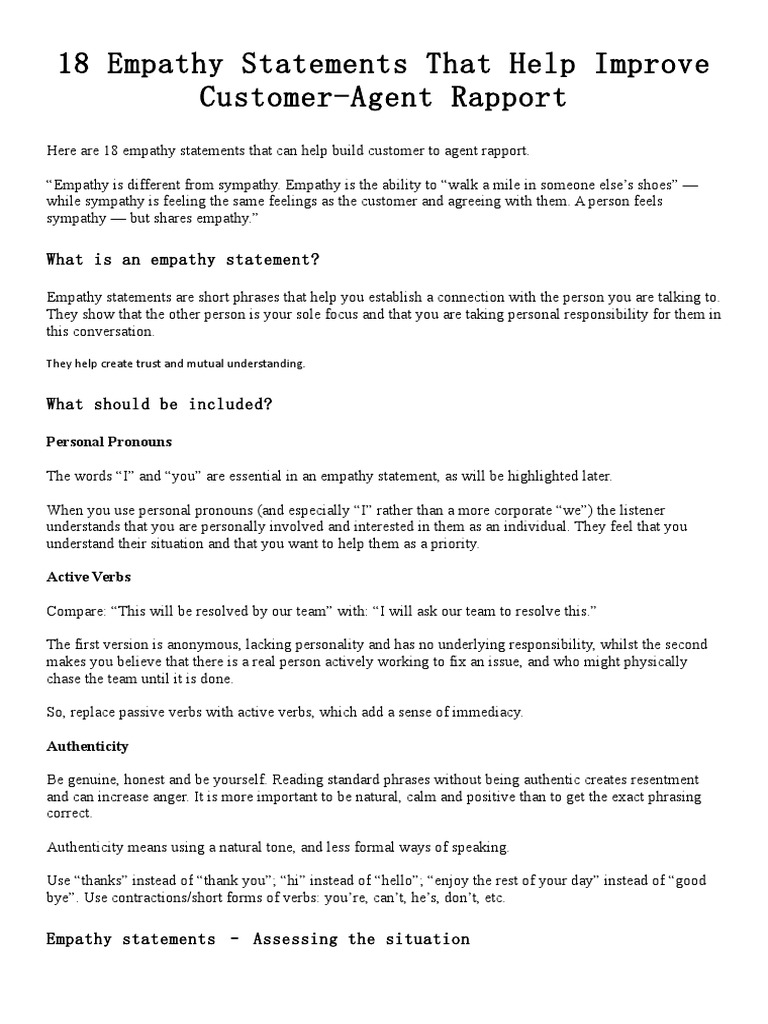Empathy statements call center sample image