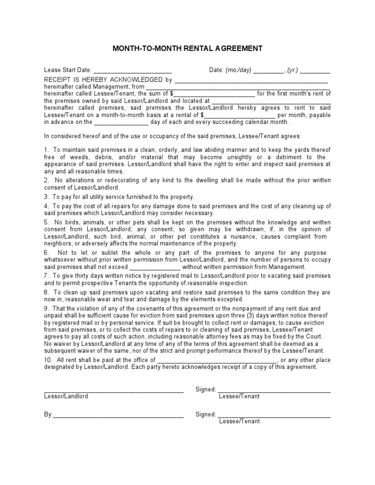 month to month rental agreement landlord lease