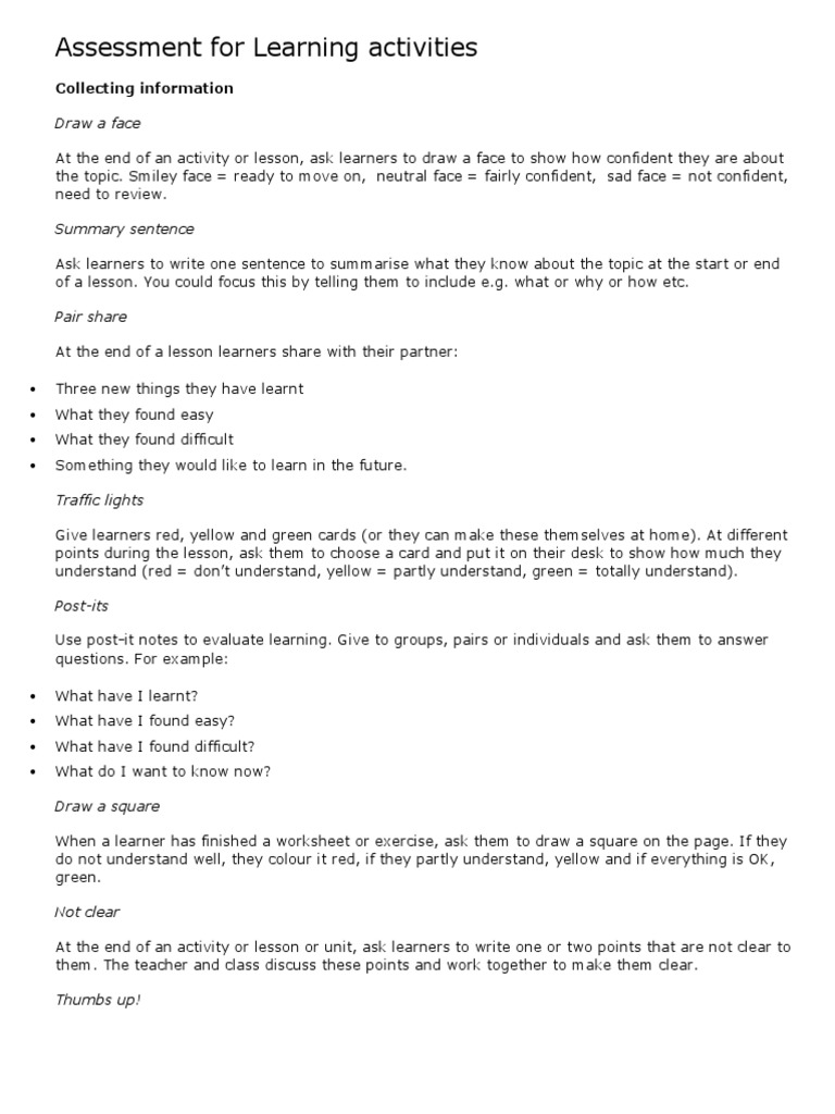 Assessment For Learning Activities | PDF | Question | Educational ...