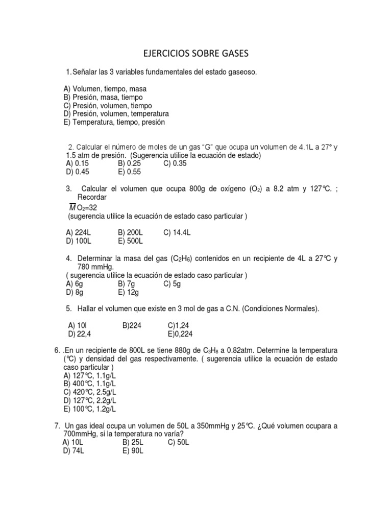 Ejercicios de Gases Ideales | PDF | Gases | Materiales transparentes