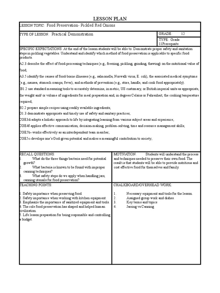 Grade 12 Food Preservation Lesson | PDF | Pickling | Food Preservation
