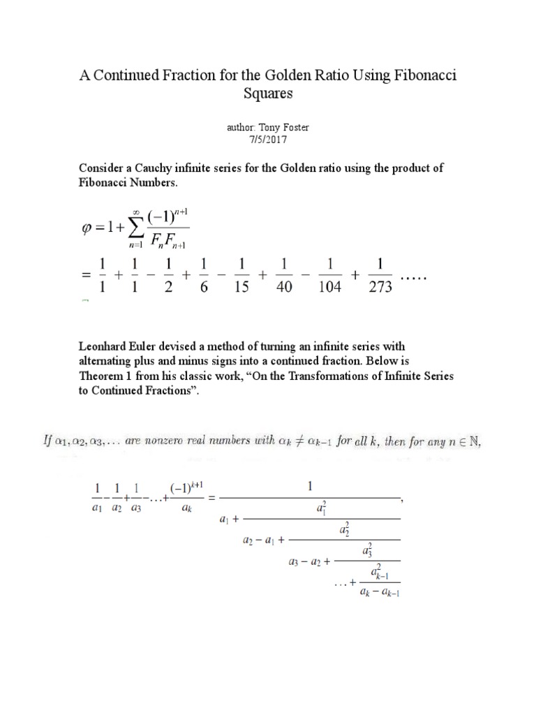 Continued Fraction For The Golden Ratio Using Fibonacci Squares