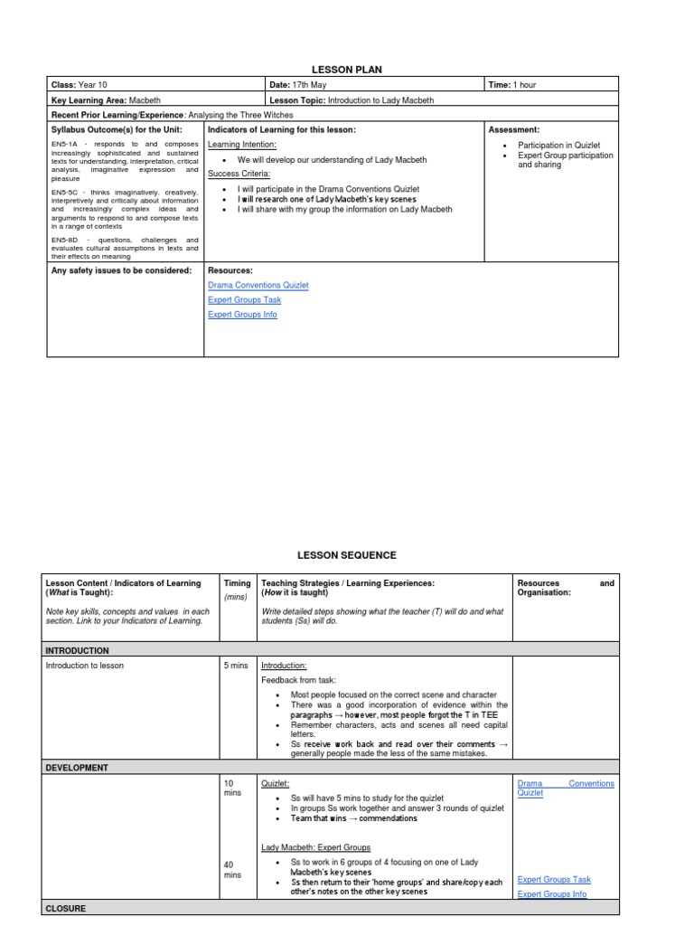 Lesson Plan Drama Conventions Quizlet Expert Groups Task Expert Groups