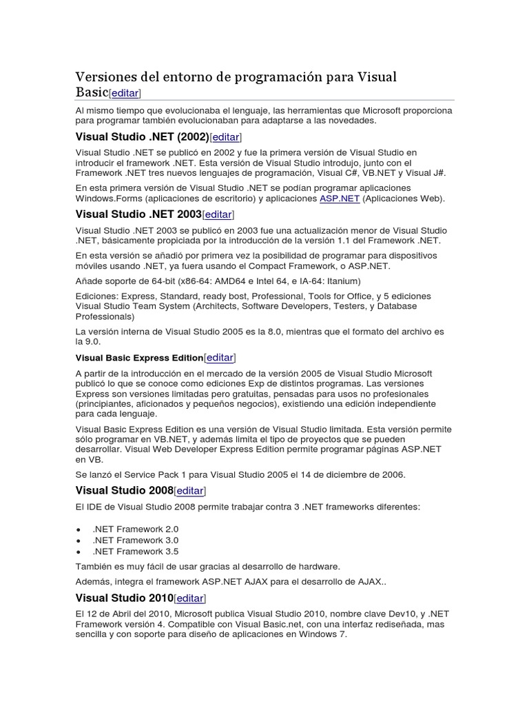 Versiones de Visual Basic y Entornos .NET | PDF | Microsoft Visual ...