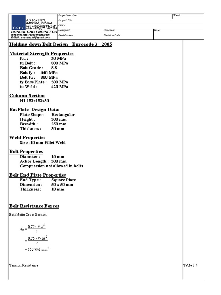 HoldingDown Bolt Design Eurocode 3 2005 Material Strength