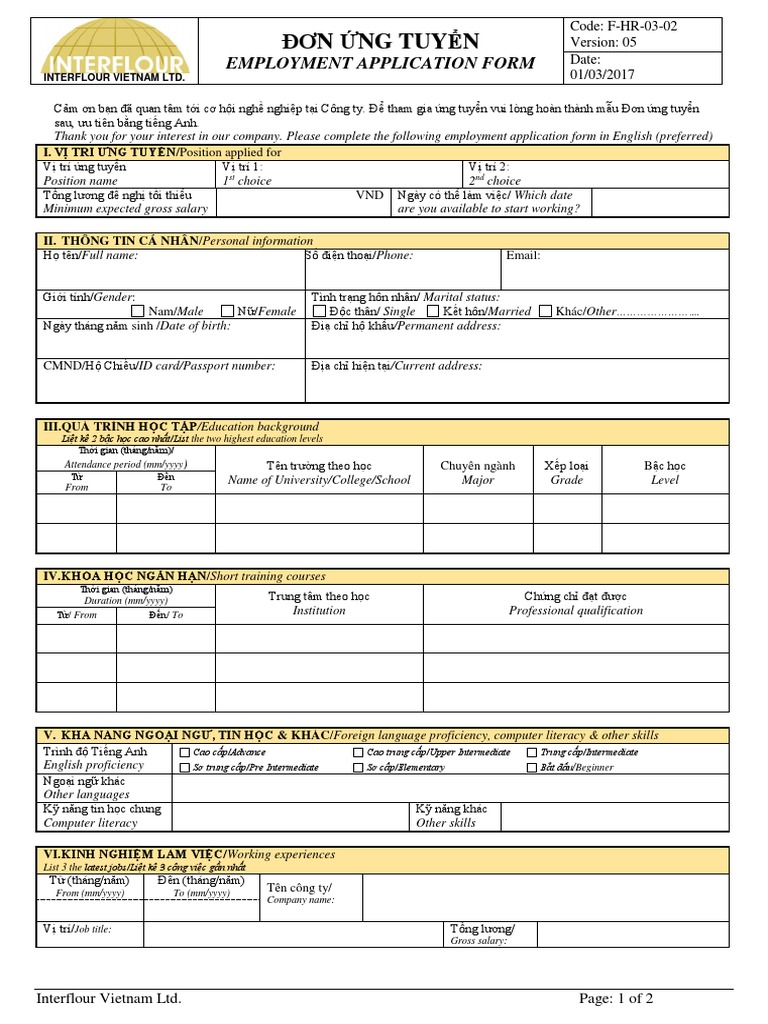 Ifv Employment Application Form