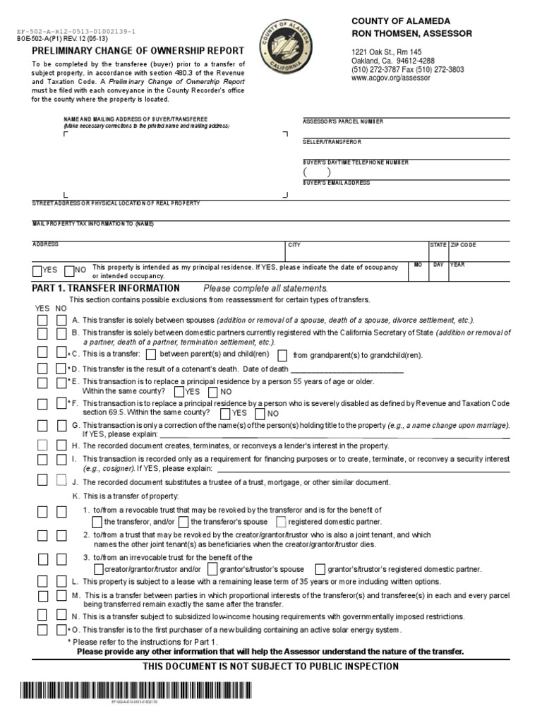Alameda County Form Boe502A for 2017  Mortgage Law  Loans