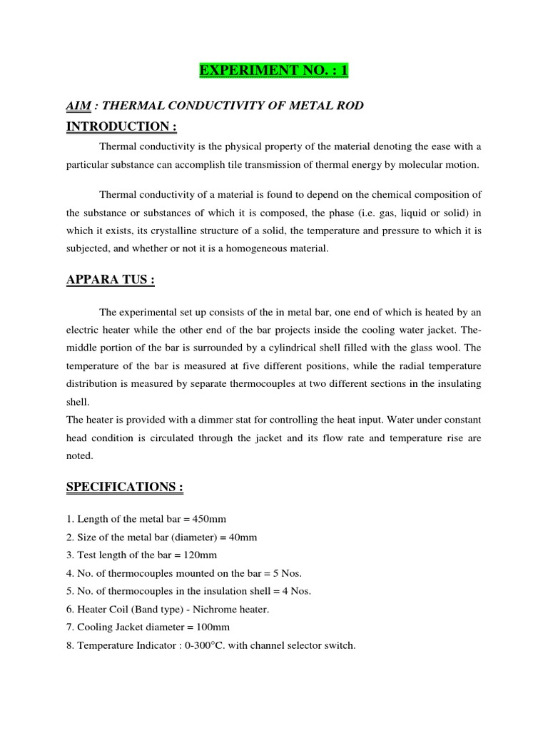 Experiment No.: 1: Aim: Thermal Conductivity of Metal Rod | PDF ...