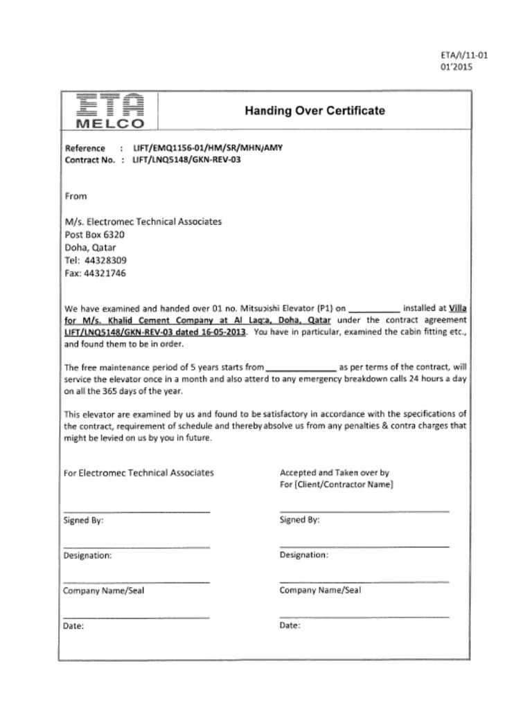 Elevator Handover Certtificate Sample  PDF With Regard To Handover Certificate Template