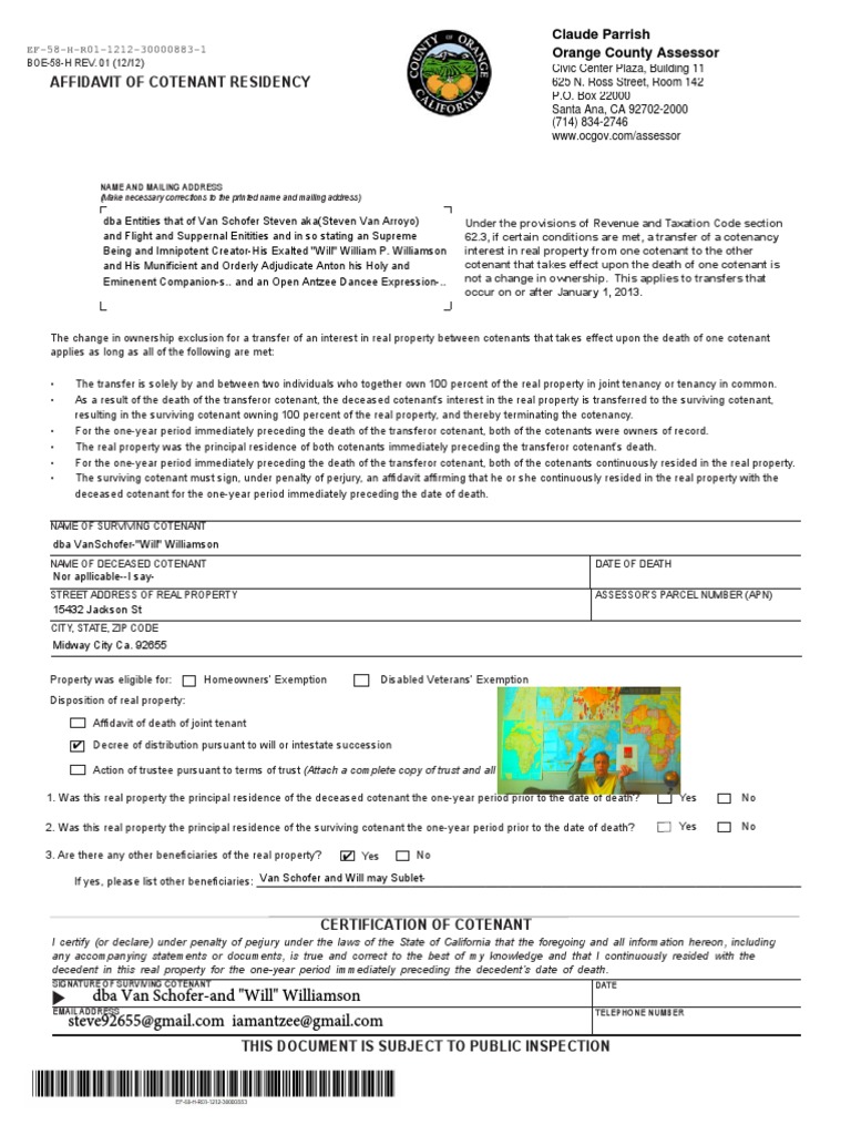 Orange County Form Boe-58-H For 2017affidavit of Cotenant Residency ...