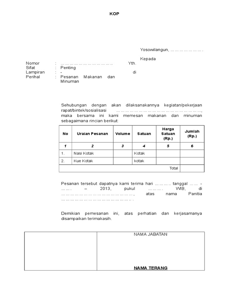Contoh Surat Pesanan Makanan Dan Minuman