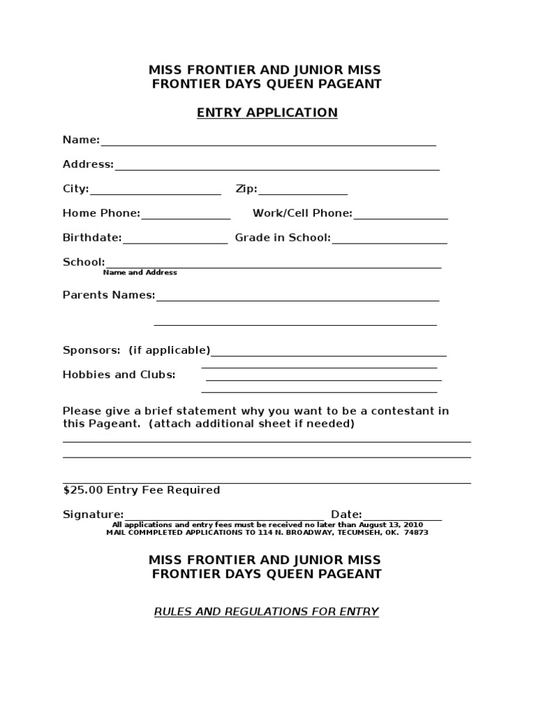 Generic Miss & Jr. Miss Frontier Days Pageant Application PDF