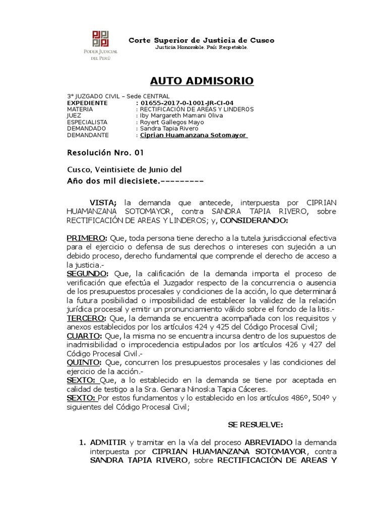 Auto Admisorio Rectificacion de Linderos | PDF | Ley procesal | Debido al  proceso