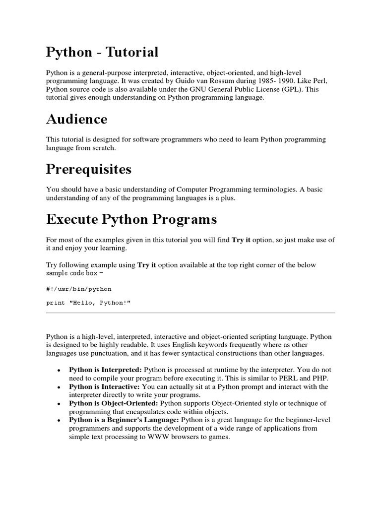 Python Tutorial !/usr/bin/python Print "Hello, Python!" PDF