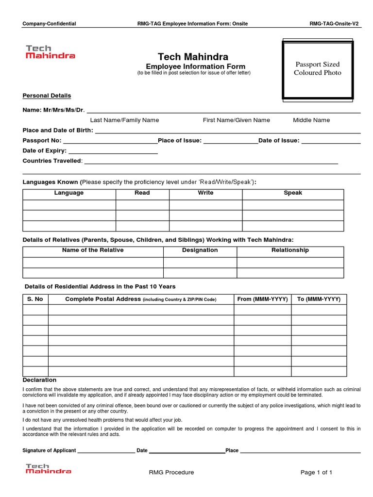 Tech Mahindra: Employee Information Form Passport Sized Coloured Photo ...