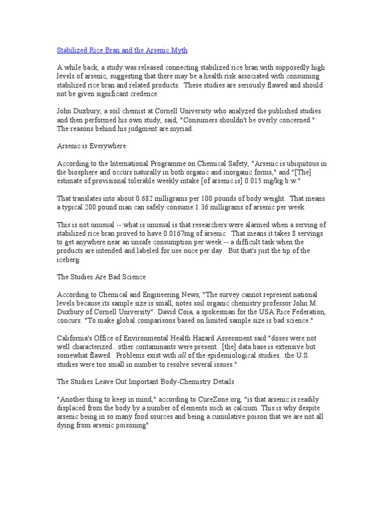 Stabilized Rice Bran and The Arsenic Myth PDF Arsenic Rice